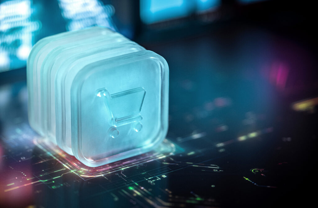 A digital shopping cart icon is illuminated in a futuristic blue light, symbolizing technology and e-commerce advancements. Perfect for illustrating online shopping concepts and digital marketplaces.